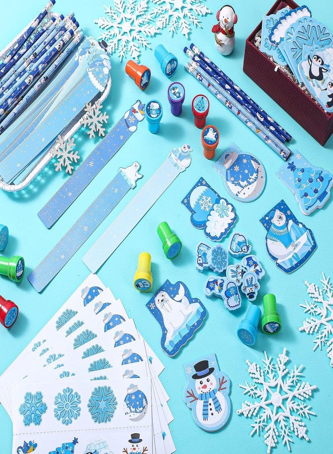 Faccito 84 Pcs Winter Party Favors Snowflake Party Supplies Winter Wonderland Stationery Set Notebook Sticker Stamper Eraser Ruler Pencil for Christmas Baby Shower Birthday Gift Prize - Image 3